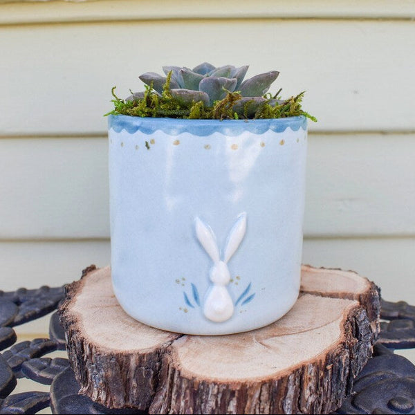 Small Blue Pot with White Bunny