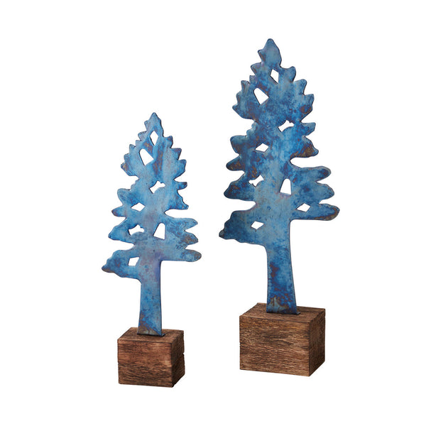 Two blue tree-shaped sculptures on wooden bases against a white background