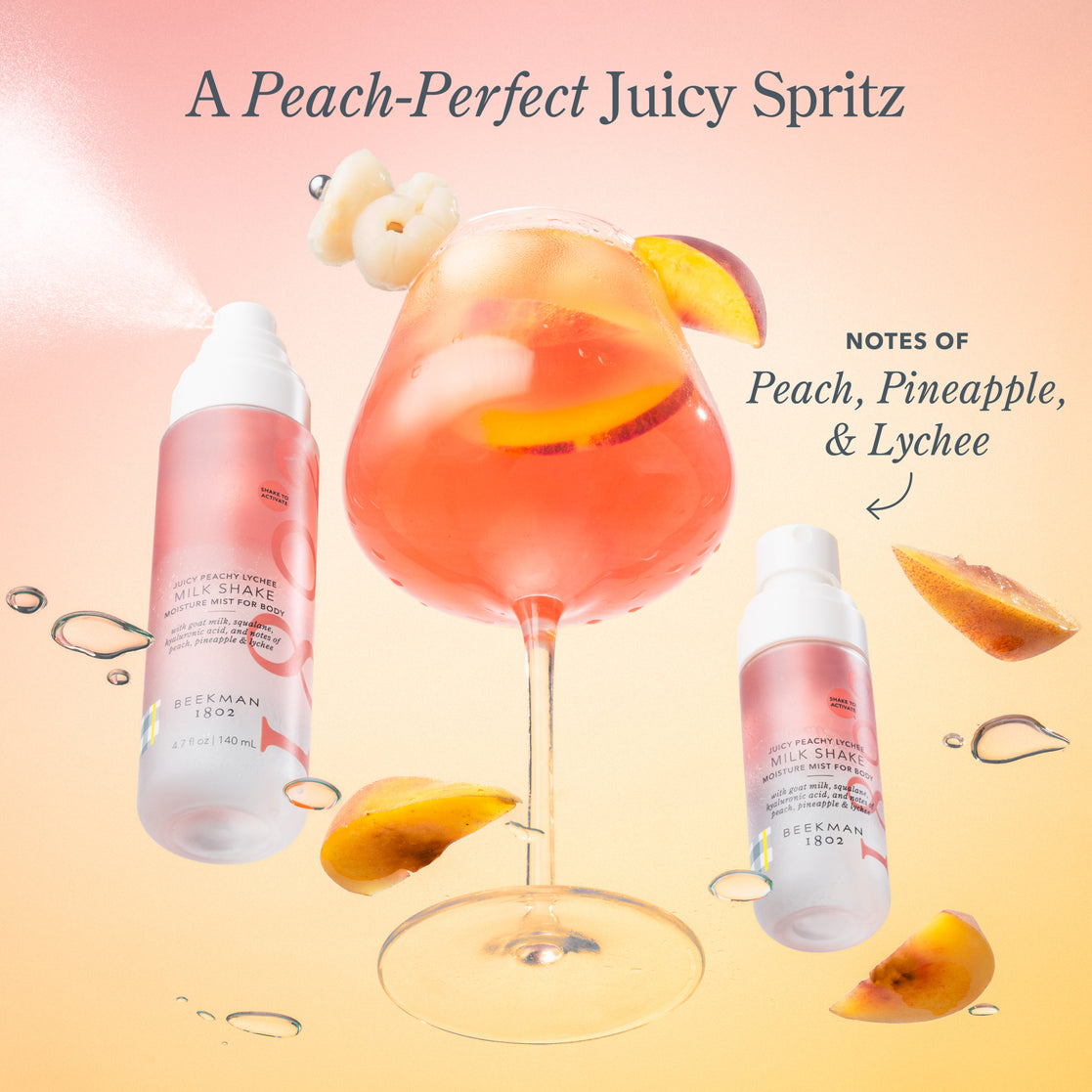 Peach-themed drink with two bottles and peach slices on a pink and yellow gradient background.