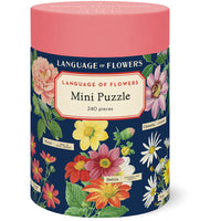 Floral-themed mini puzzle packaging with colorful flowers on a navy background
