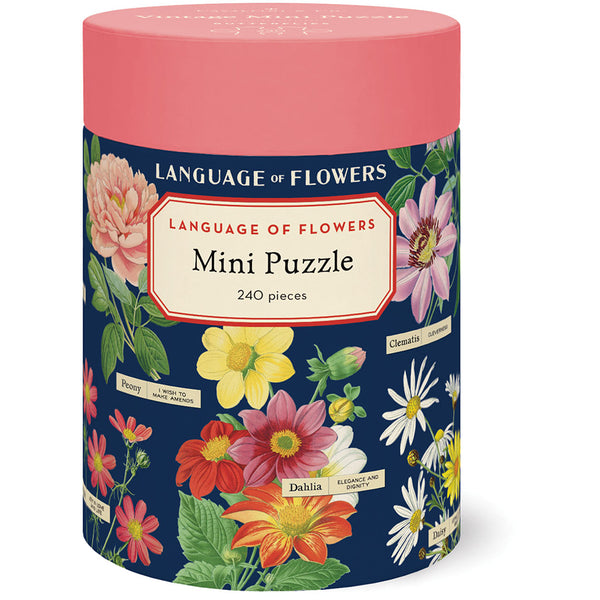 Floral-themed mini puzzle packaging with colorful flowers on a navy background