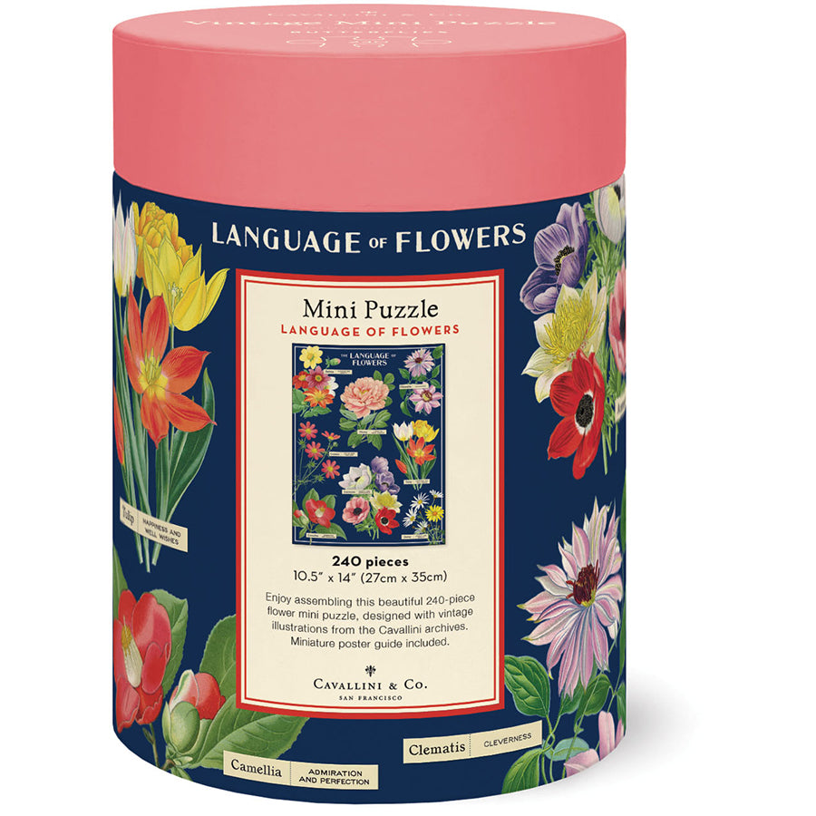 Cylindrical puzzle box with floral design and 'Language of Flowers' text