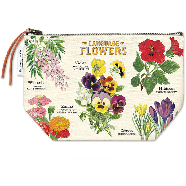 Pouch with floral designs and text 'The Language of Flowers' on a white background