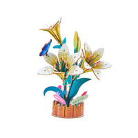 Colorful wooden floral arrangement with a butterfly on a white background