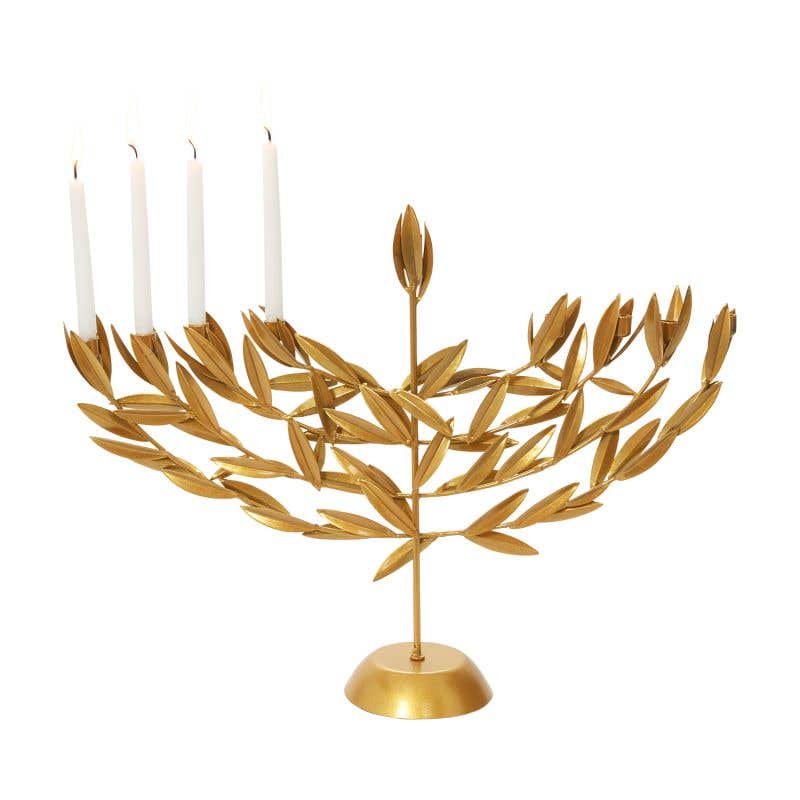 Gold Metal Menorah w/ Leaves