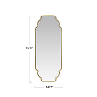 Decorative wall mirror with gold frame and dimensions on a white background