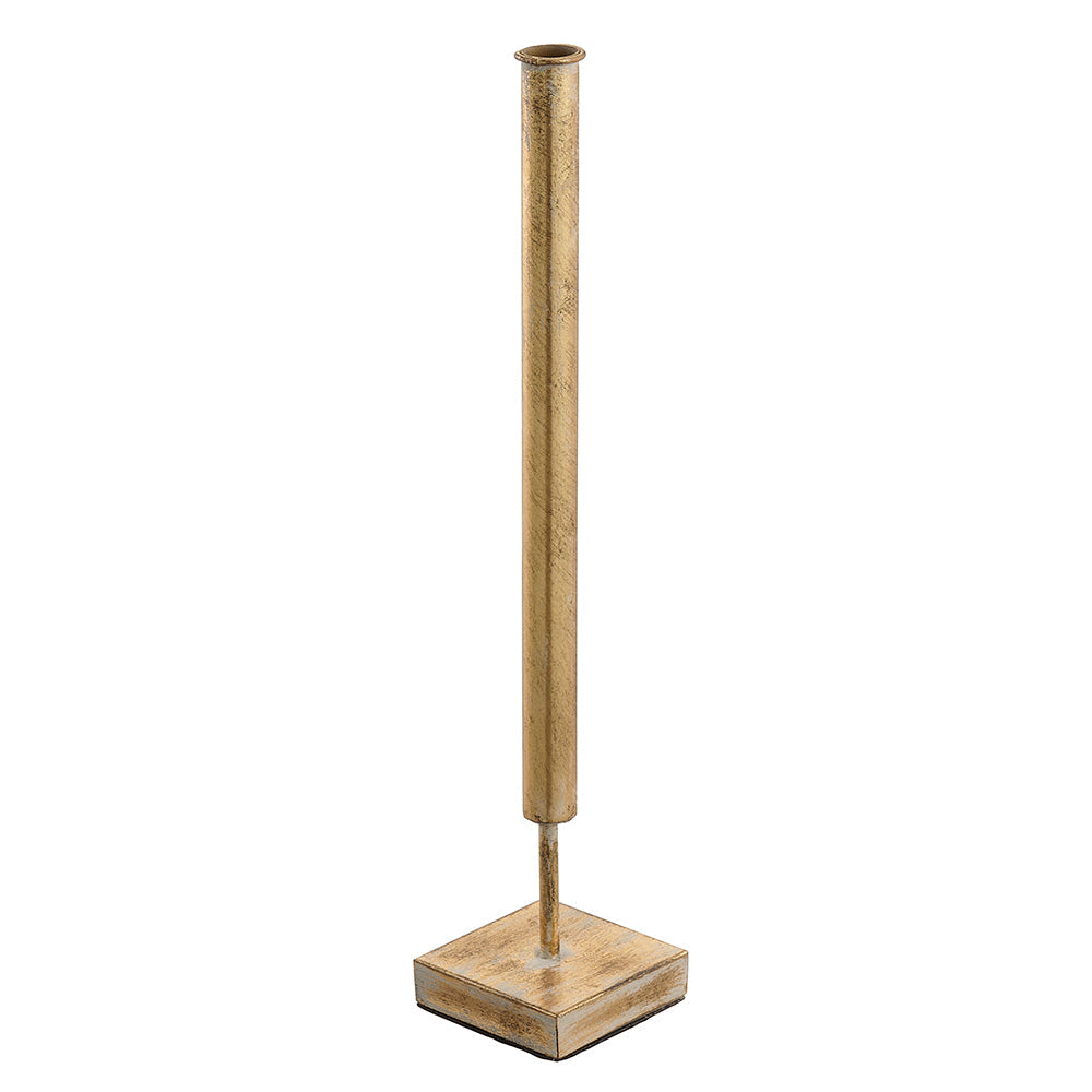 Metal golden tube on a square stand on a white background.