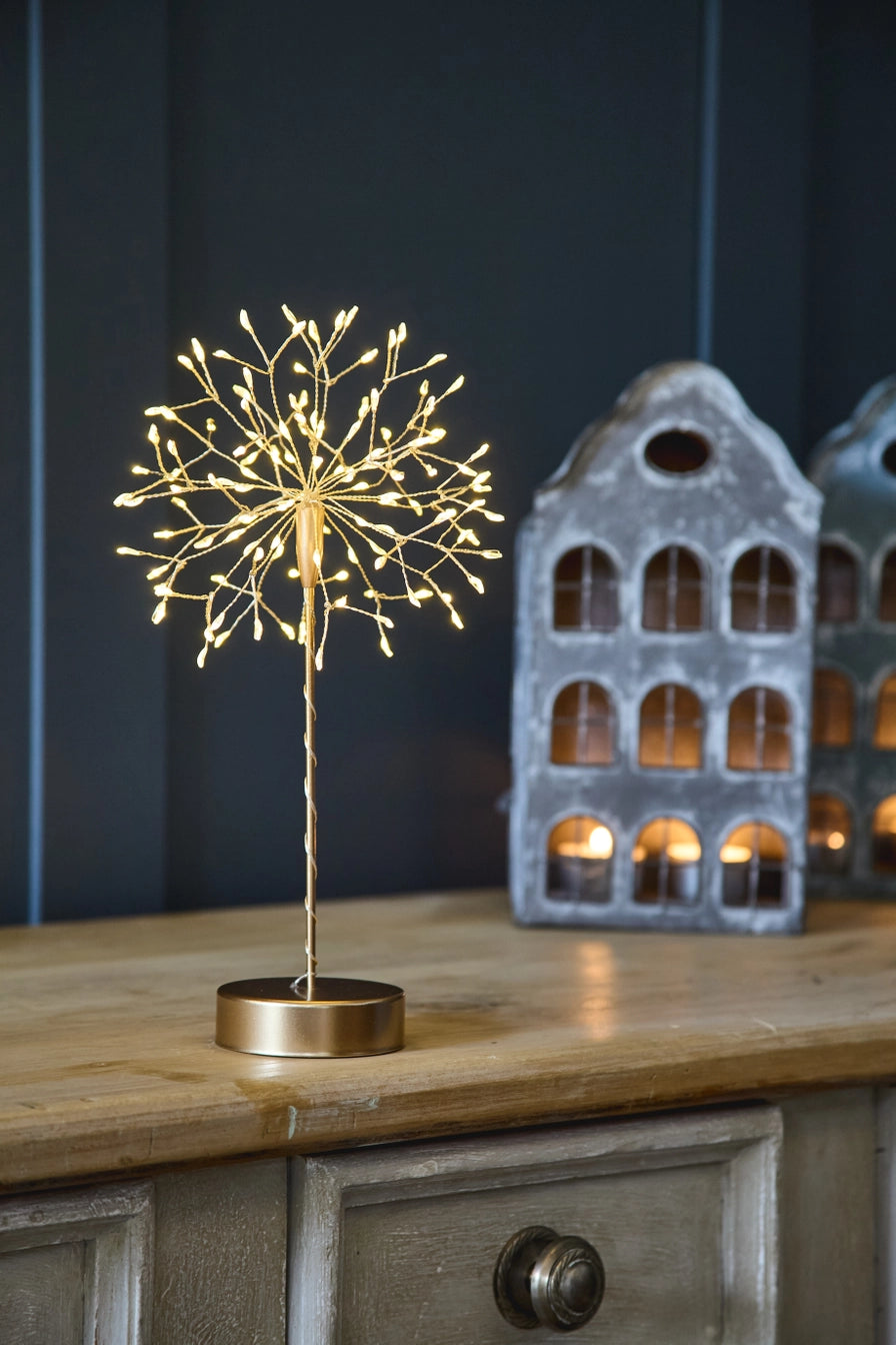 Decorative light fixture meant to look like a dandelion puff on a wooden surface with a dark background