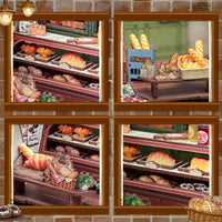 Four-panel window view of a bakery with various pastries and bread displayed.