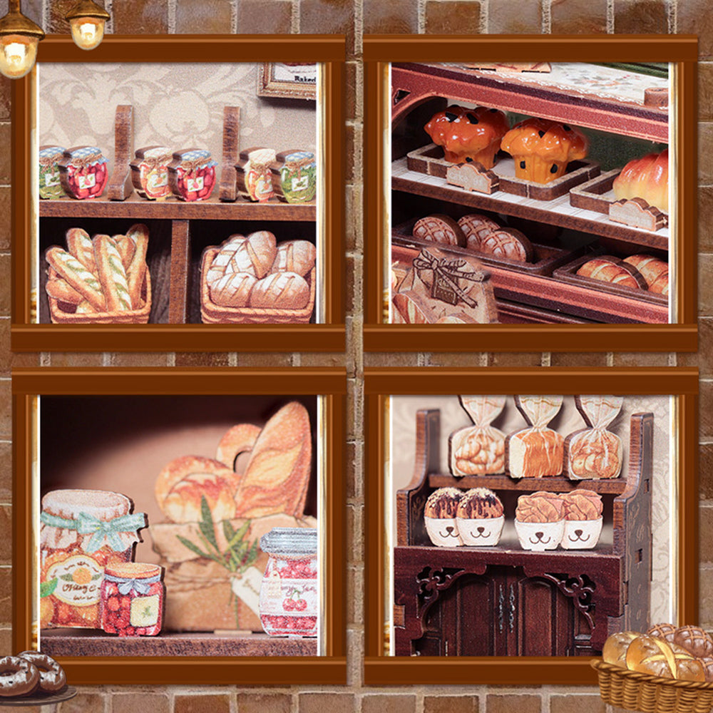Four-panel illustration of a bakery with various bread and pastries.