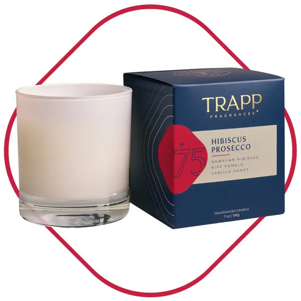 Trapp Fragrances Hibiscus Prosecco candle and packaging on a white background