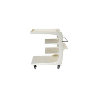 White rolling cart with shelves on a white background