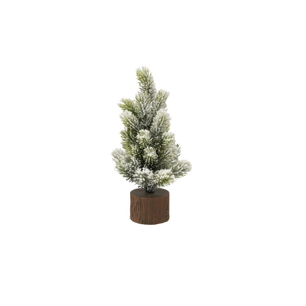Plastic Snowy Tree with Faux Wood Slice Base & LED Lights