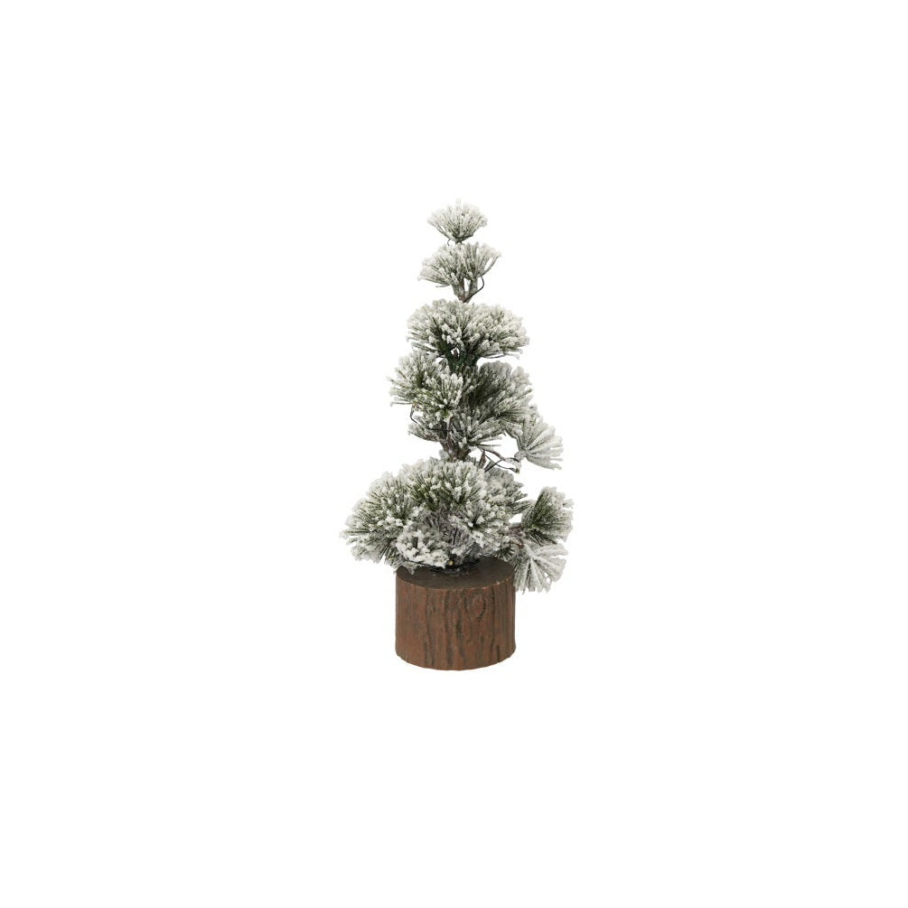 Plastic Snowy Tree with Faux Wood Slice Base & LED Lights