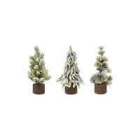 Three small pre-lit Christmas trees in brown pots on a white background