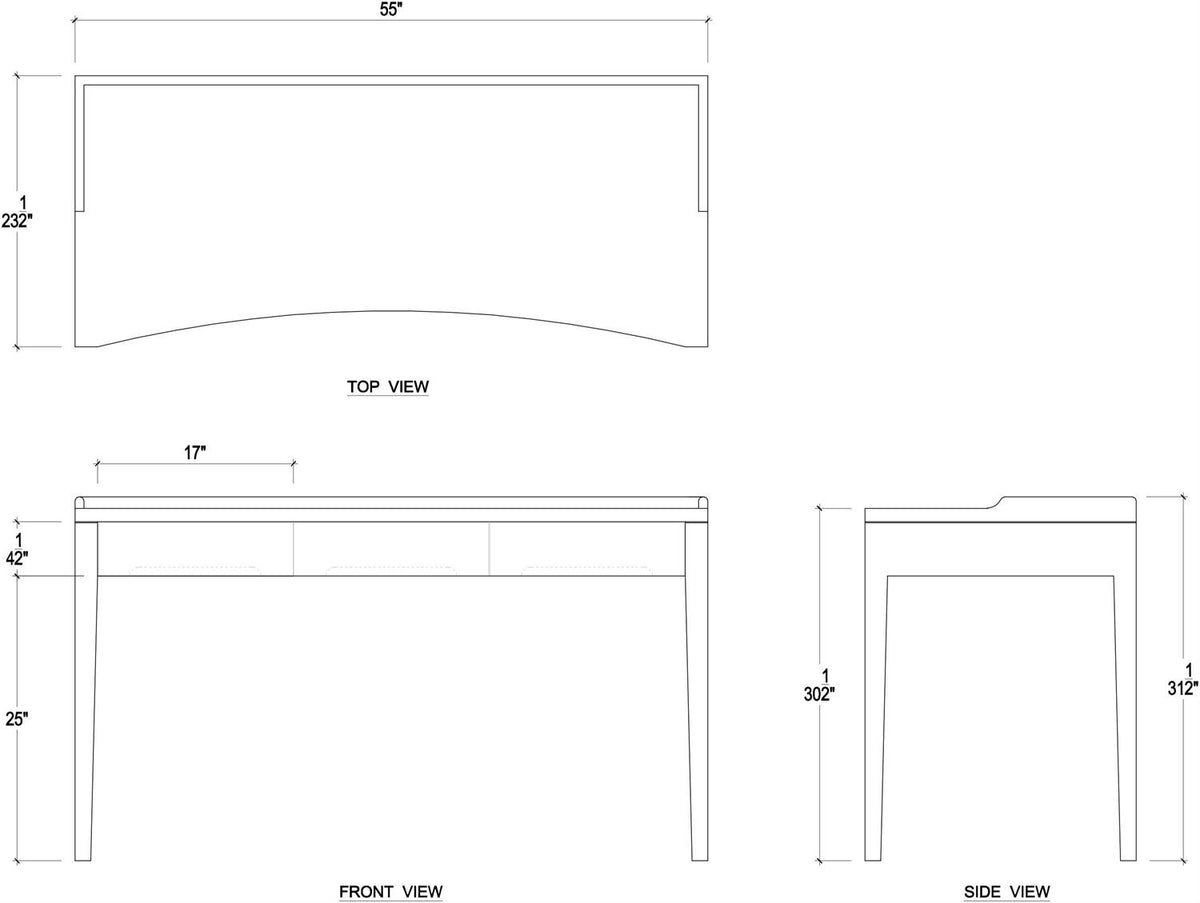 Black and white measurements for a rectangular desk.