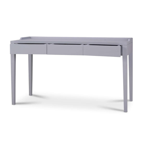 A gray rectangular desk with three drawers open slightly on a white background.