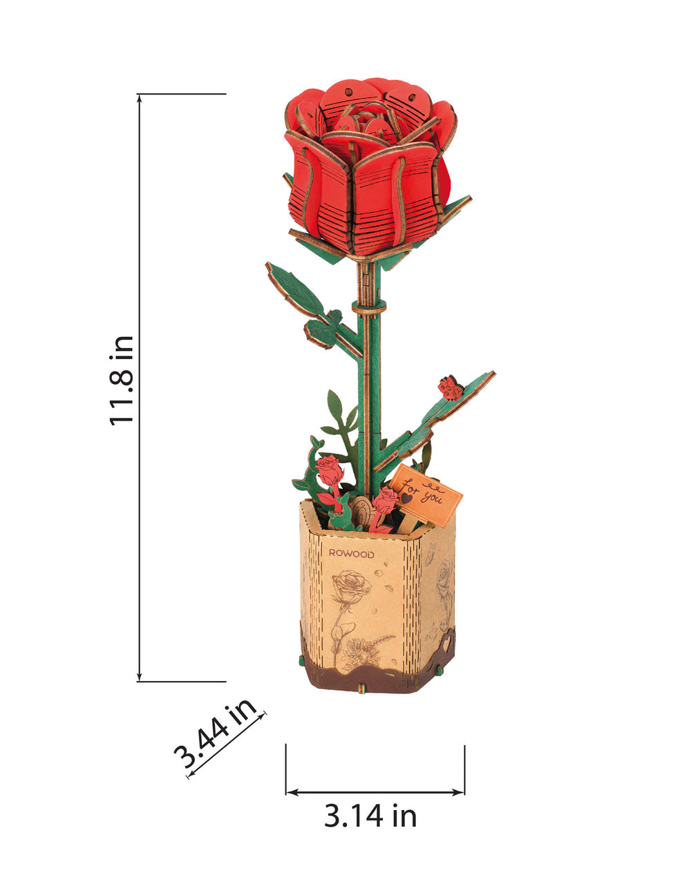 Red rose-shaped product with dimensions on a white background
