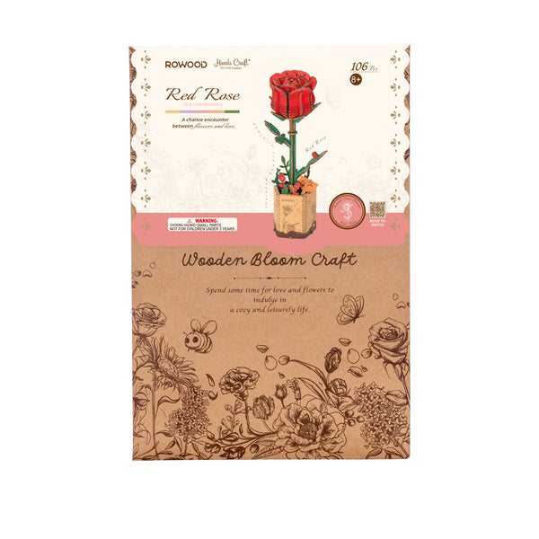 Wooden bloom craft packaging with red rose illustration on a white background