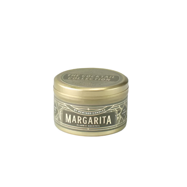 Candle tin labeled 'Margarita' from 'The Cocktail Collection' on a white background