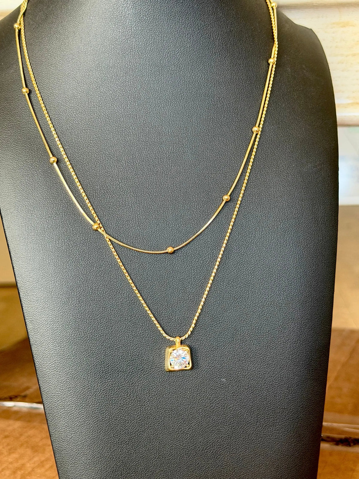 Double Strand CZ Square Pendant Necklace - DAPHNE