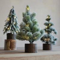Plastic Tree with Faux Wood Slice Base & LED Light, Snow Finish, 3 Styles