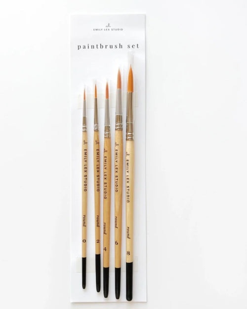 Set of paintbrushes in a white packaging with brand name.