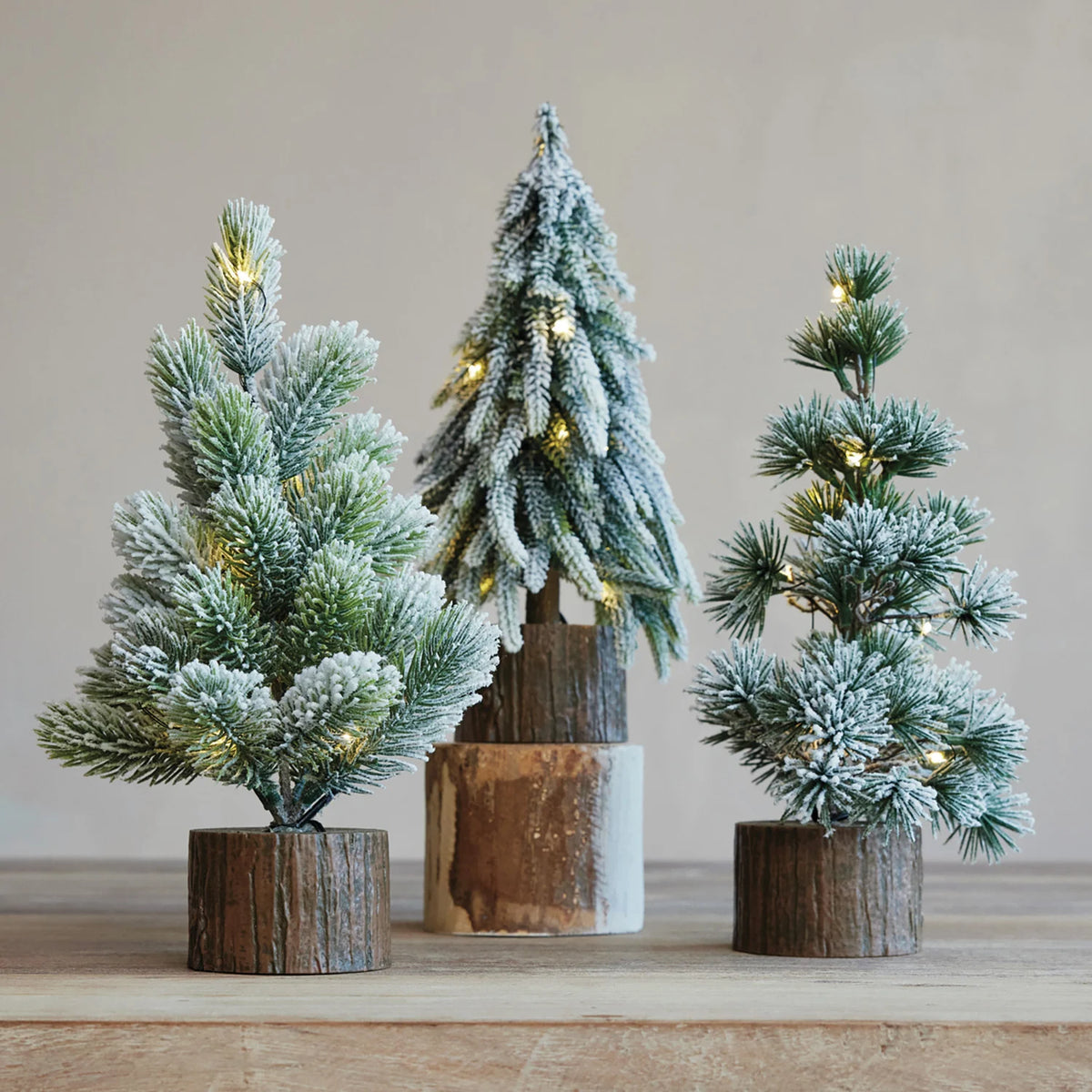 Plastic Tree with Faux Wood Slice Base & LED Light, Snow Finish, 3 Styles