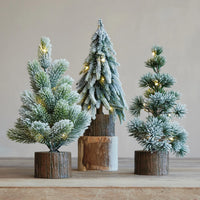 Plastic Tree with Faux Wood Slice Base & LED Light, Snow Finish, 3 Styles