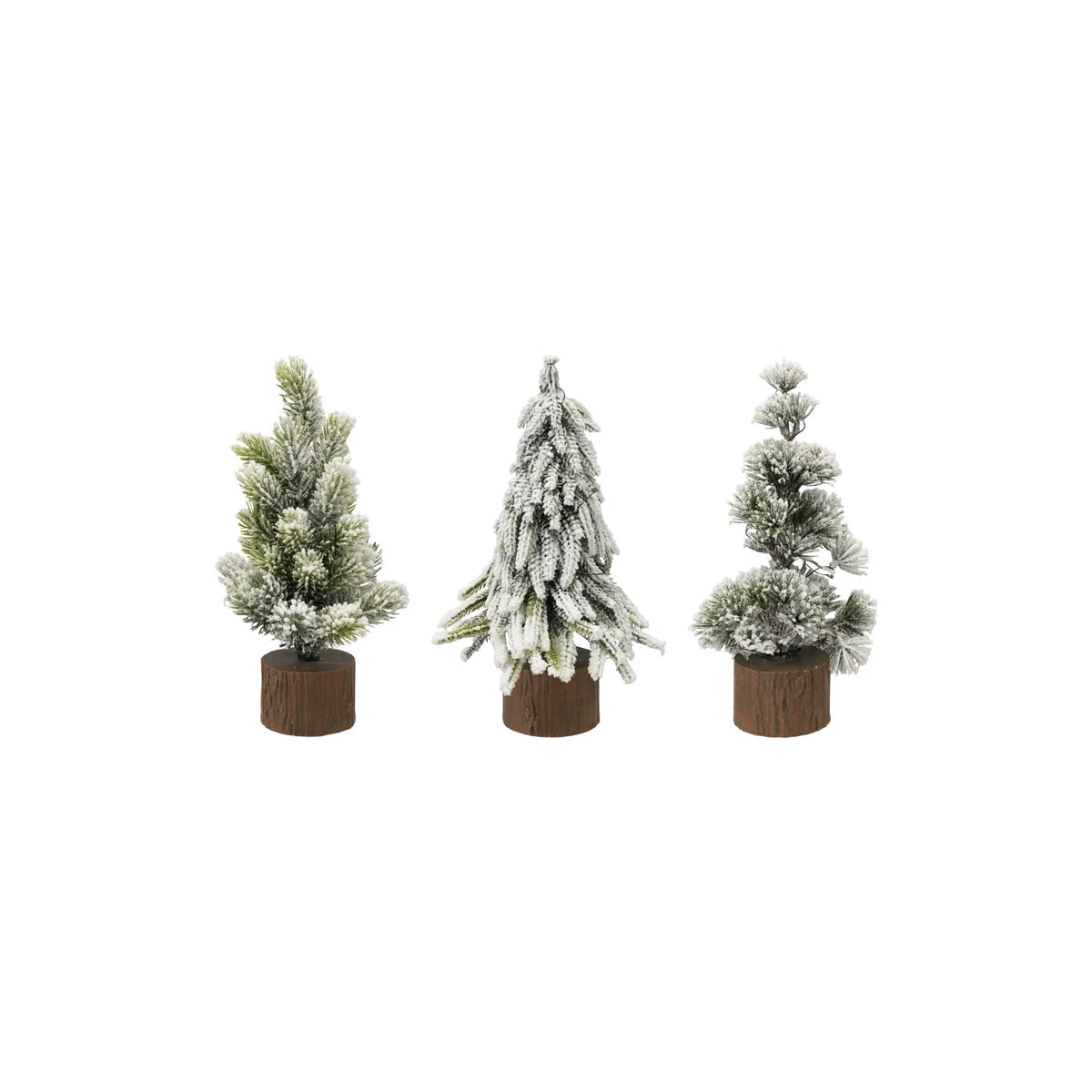Plastic Tree with Faux Wood Slice Base & LED Light, Snow Finish, 3 Styles