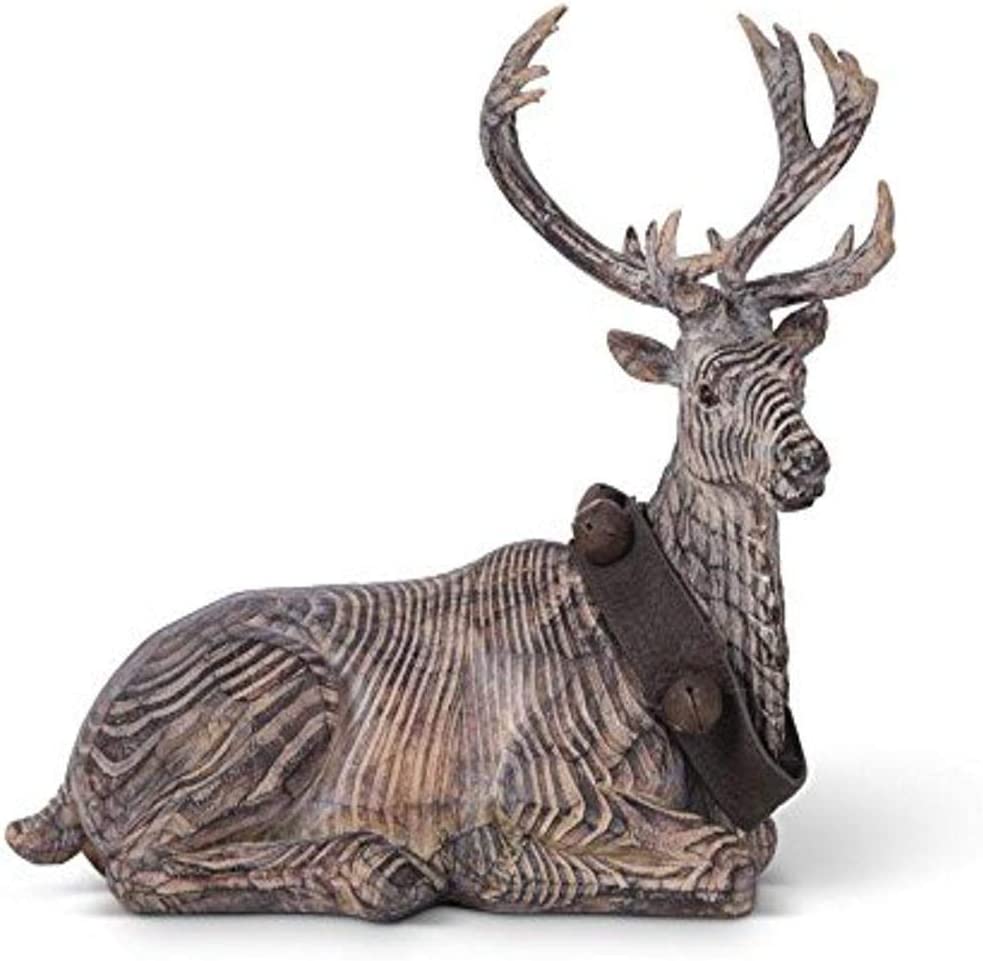 Carved Resin Sitting Reindeer w/Bell, 7.5"
