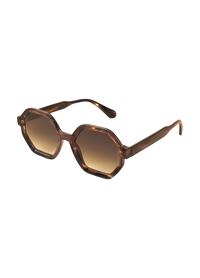 Brown sunglasses with a hexagonal frame on a white background