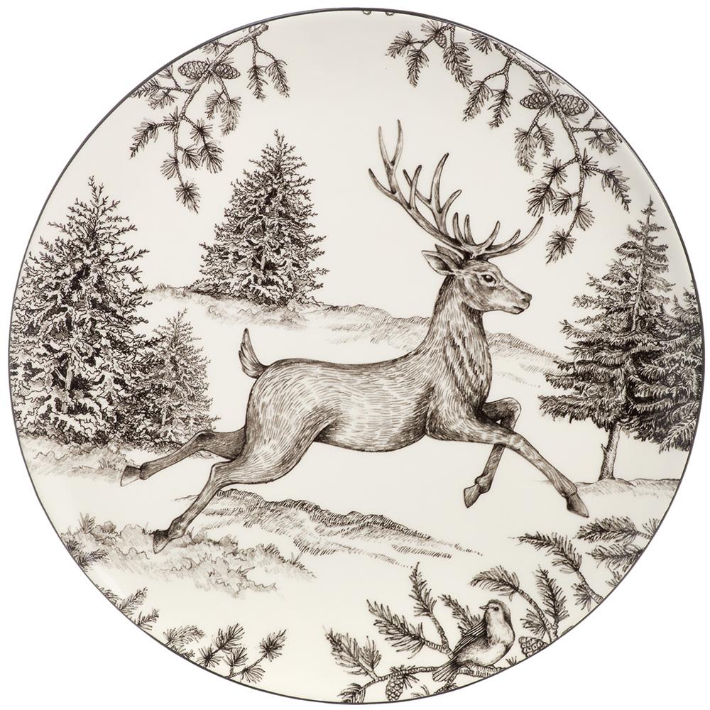 12" Tree/Reindeer Ceramic Plate White Black