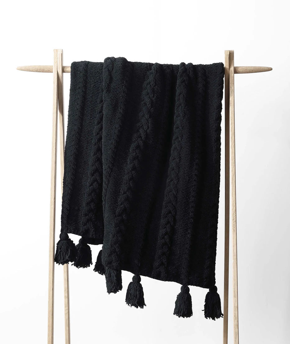 Black Braided Pom Pom Throw