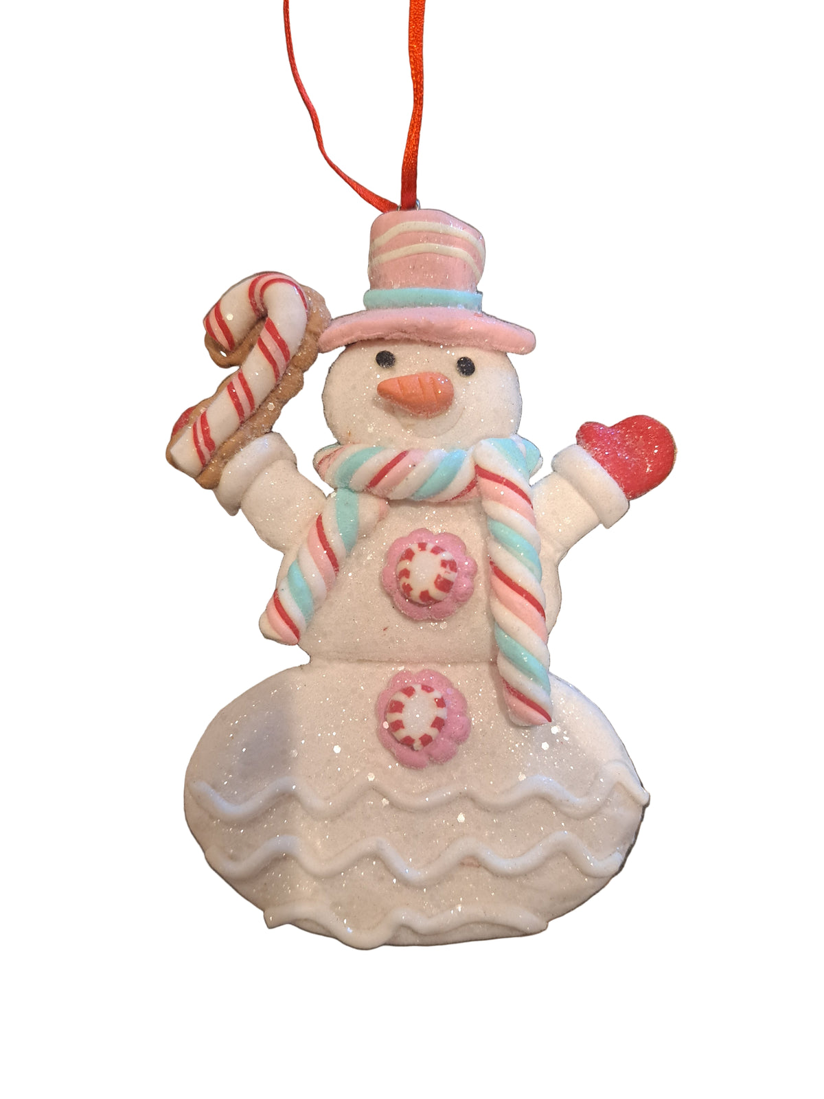 Decorative snowman ornament with candy cane details on a white surface