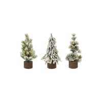 Plastic Tree with Faux Wood Slice Base & LED Light, Snow Finish, 3 Styles