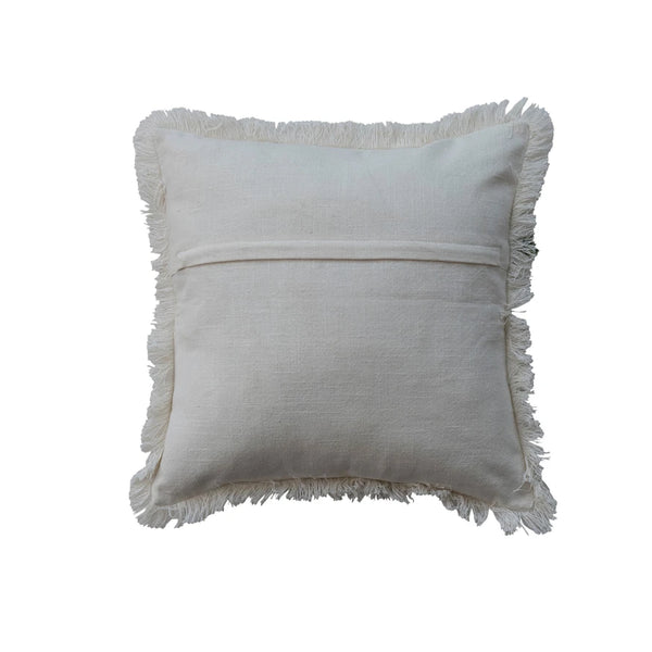 18" Square Cotton Slub Printed Pillow with Santa, Embroidery & Fringe