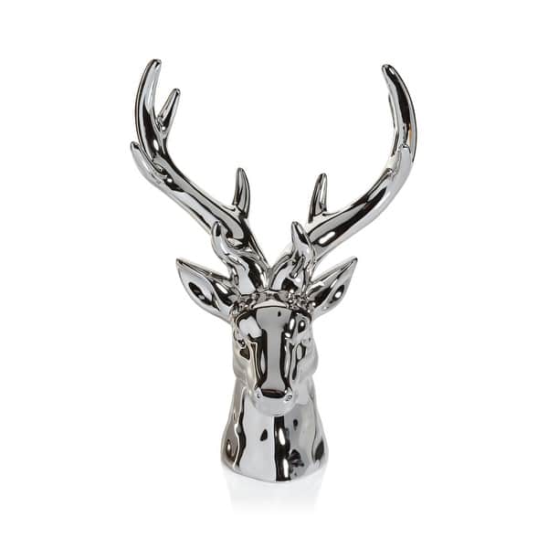 A polished silver deer head sculpture with large antlers, photographed against a clean white background.