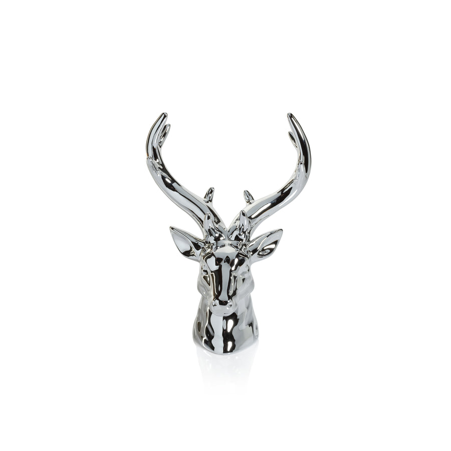 A polished silver metallic deer head sculpture with detailed antlers, centered on a clean white background.