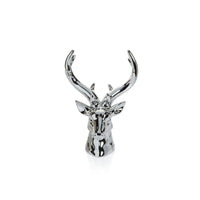A polished silver metallic deer head sculpture with detailed antlers, centered on a clean white background.