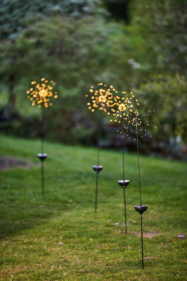 Decorative garden lights with glowing spheres on grassy ground