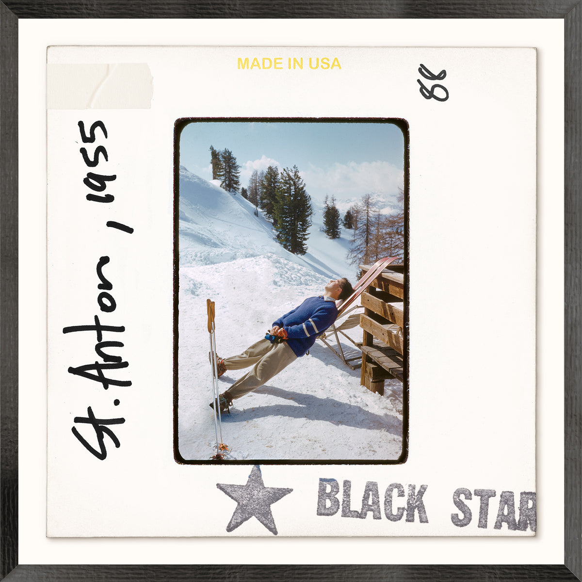 Framed photo of a skier in St. Anton, 1955, with 'Black Star' text.