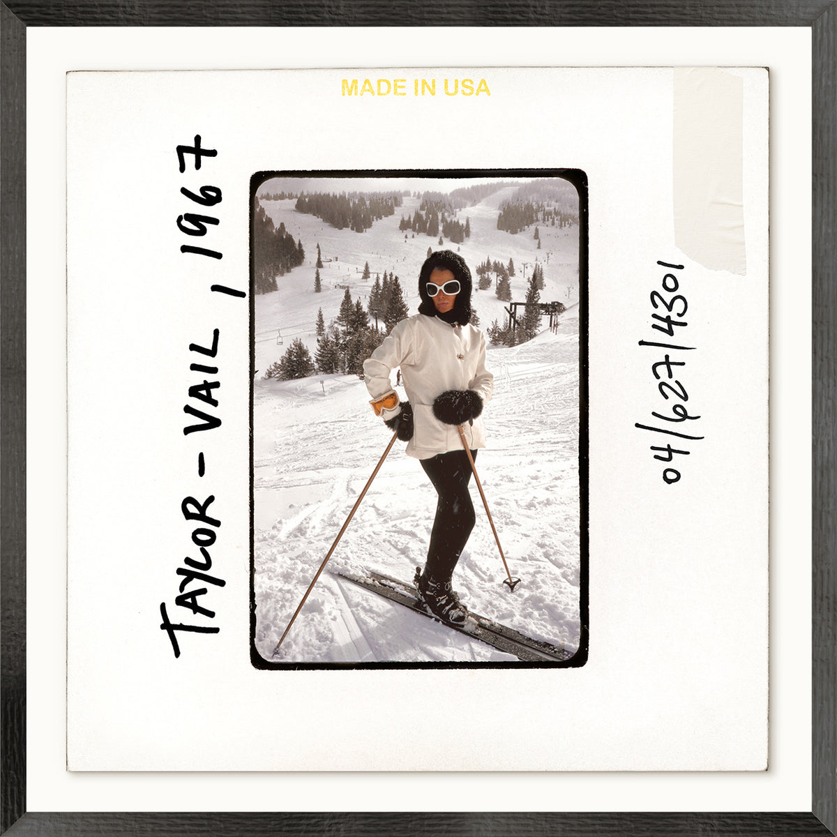 Person skiing in a snowy landscape with text 'Taylor Vail, 1967' on a white background