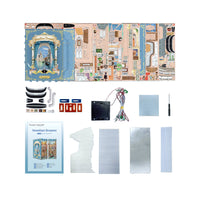 A DIY model kit layout labeled 'Venetian Dreams' shown with its included parts and accessories on a plain white background. The set includes a large illustrated plan or panel, black curved pieces, small red and blue pieces, a black electronic control box with multicolored wires, two textured blue sheets, a screwdriver, and several silver and white panel pieces.