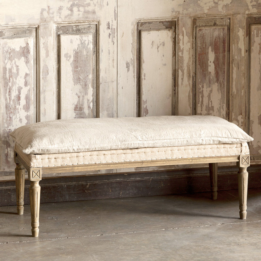 Burlap and Fabric Topped Bench with Turned Legs