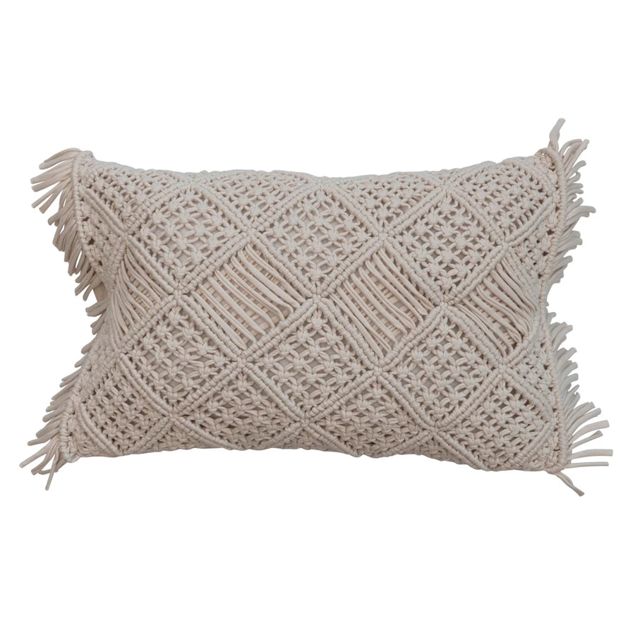 Cotton White Macramé Lumbar Pillow