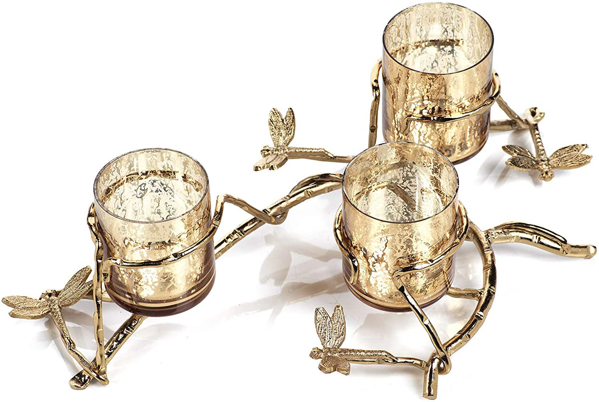 Brass Dragonfly Gold Filigree Botanical Triple Candle Holder